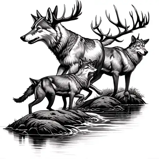 3 Wolves Chase A Deer Over A Stream