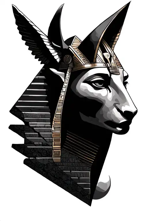 Egyptian Pyramid And Moon And Anubis Portrait With Half