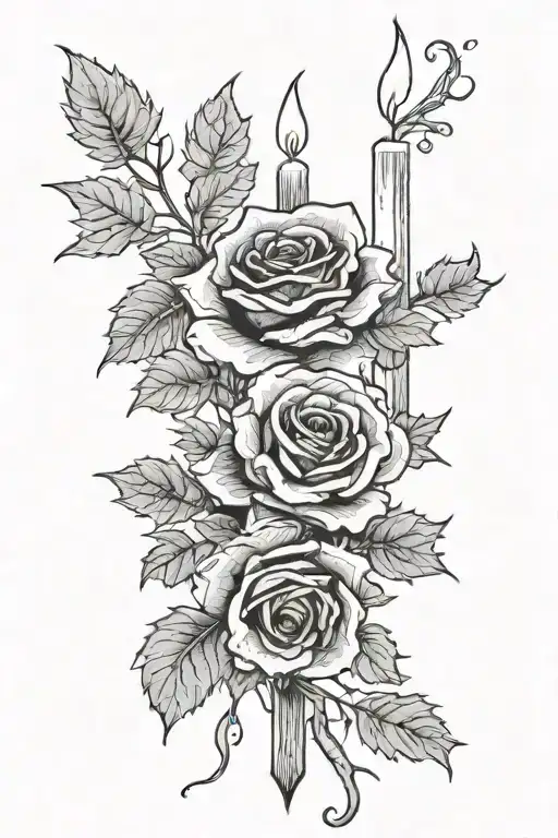 Taper Candle Wax Dripping Dead Rose Intertwined Maple Leaves Pine Tree Branches Vintage