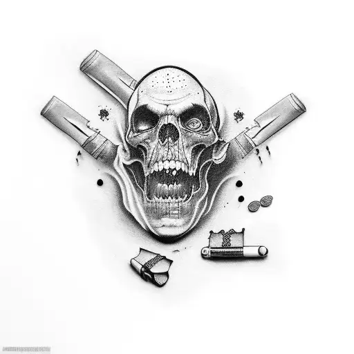 A Black-grey Tattoo Of A Gangster With Gins And Drugs And Covered In