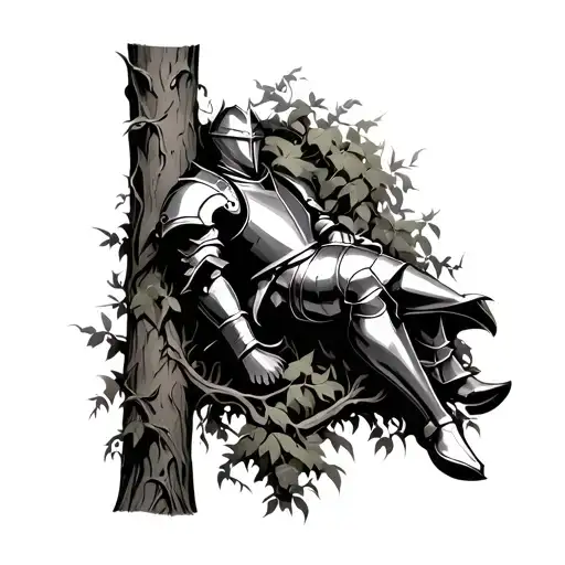 Armour Of Knight Laying Against A Tree With Vines Growing Through The Armour