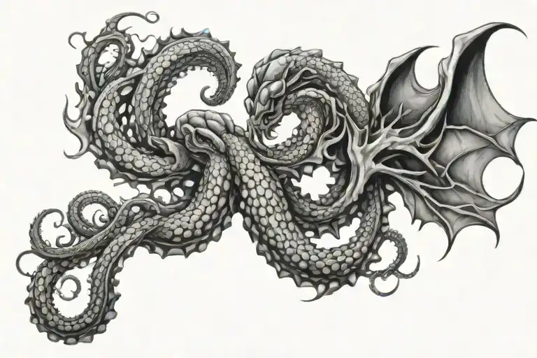 Octopus And Aquatic Dragon Surounded