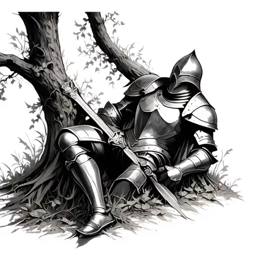 Armour Of Fallen Knight Laying Against A Tree Where Vines Are Growing Through The Armour