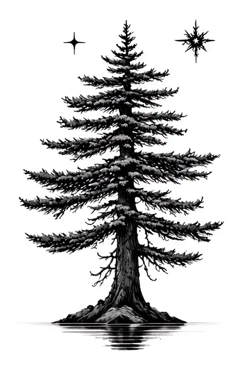 Fir Tree And North Star Over A Lake