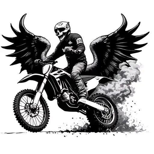 Motocross Rider With Demon Wings Fleshless Skull Doing A Wheelie Roosting Smoke
