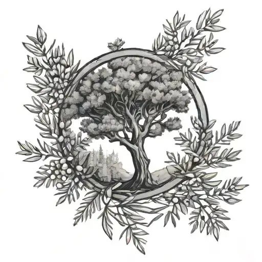 Lebanese Cedar Tree And Olive Branches Around It Like A Halo