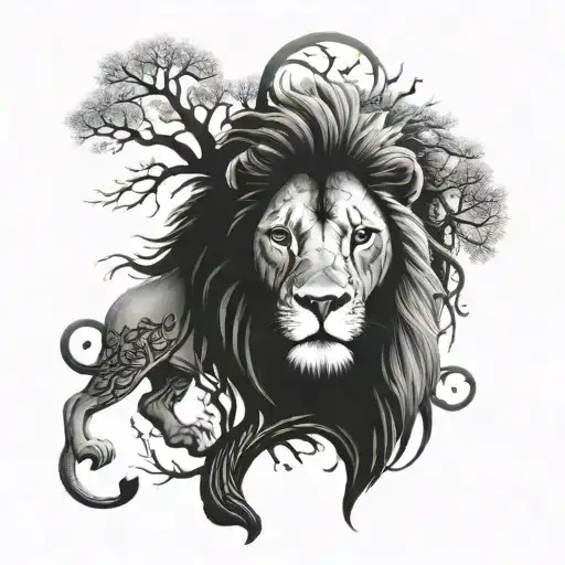 Lion And The Tree Of Life Intertwined