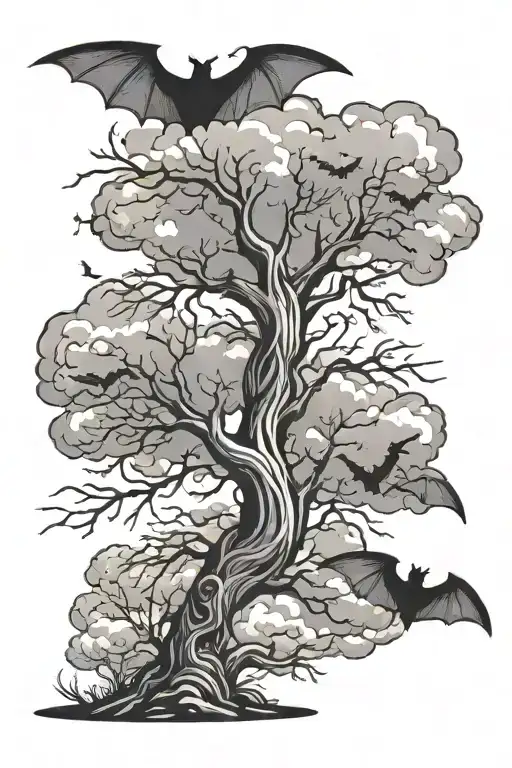 Posion Tree With Bats And Clouds Behind It