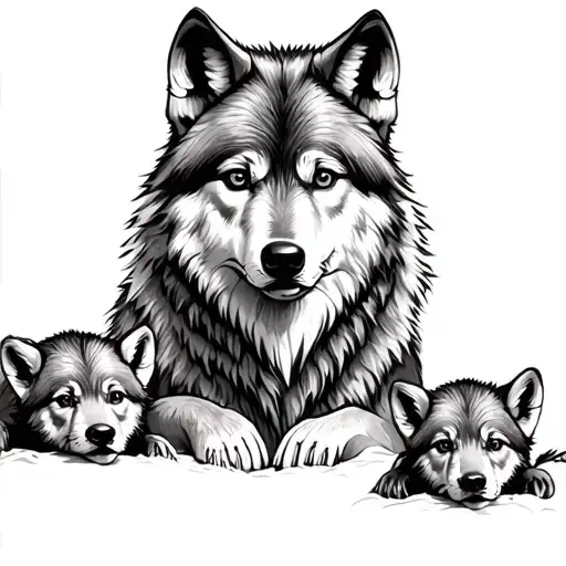 Mother Wolf With Two Cubs