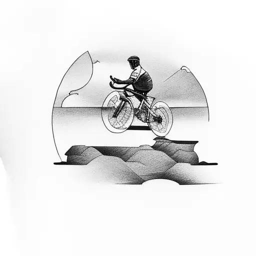 A Black And Grey Tattoo Of A Cyclist Riding Through The Hills Of Nepal With A Dog Running Alongside