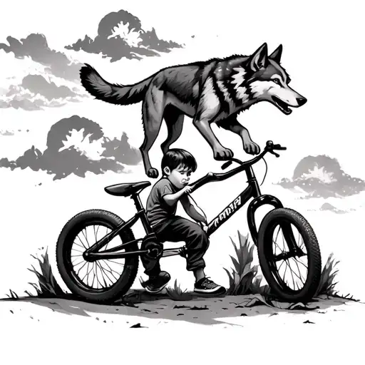 Wolfs In The Sky Looking Down On Little Boy On The Ground With A Bmx Next To Him