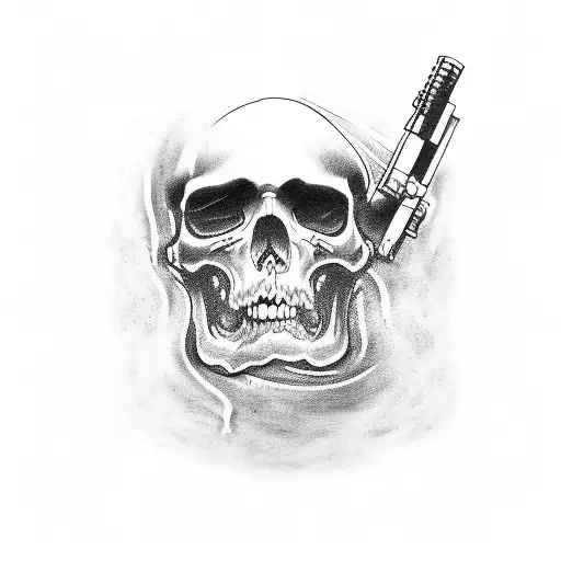 A Black-grey Tattoo Of A Gangster With Guns And Drugs And Covered In
