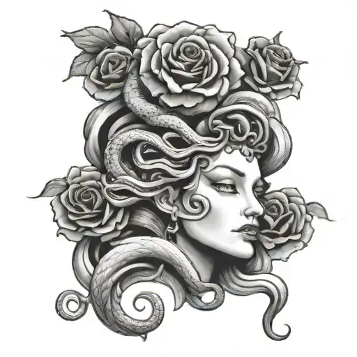 Medusa Head Looking Up With Rose And Snakes
