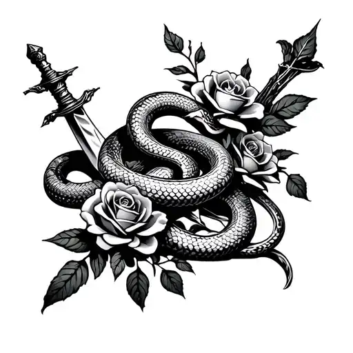 Snake Around The Dagger Zigzag With Roses Nearby