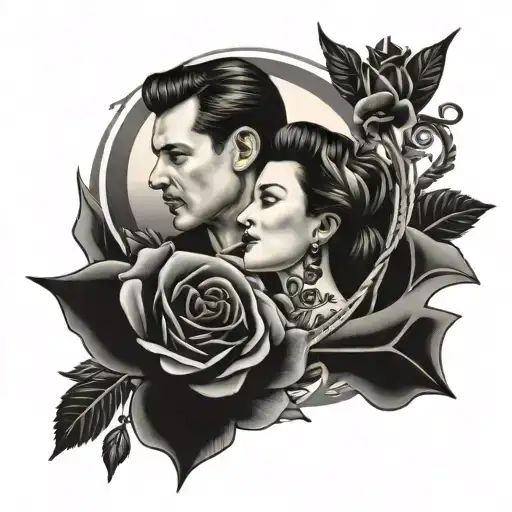Father And Mother Portrait With Roses And Swallows Around