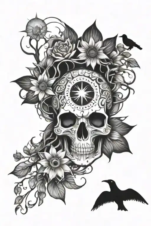 Skull Tree Raven Moon Sun Star Filled Sky Lotus Flower