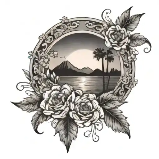 A Scenic Tattoo Of A California Sunset With A Bouquet Of Flowers In The Foreground