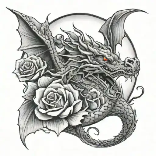 Dragon With Roses And Moon