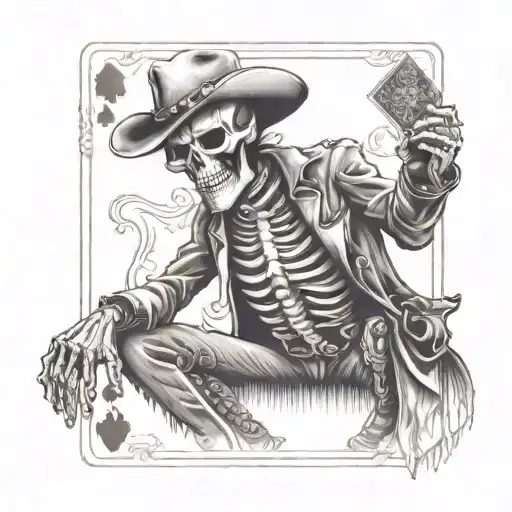 Cowboy Skeleton Sitting Down With Playing Cards In Hand