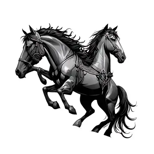 Ares God Of War Between 2 Strong Horses Mystic In Black And Grey Style