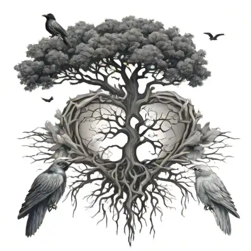 Tree With Roots That Are Beating Heart Line With 3 Birds Flying Around