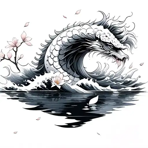 Shishi In Waves Of Water With Cherry Blossom Petals