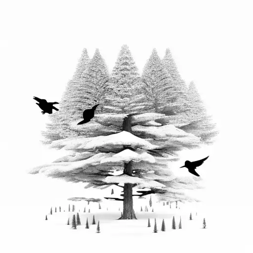 Pine Tree Forest With Birds