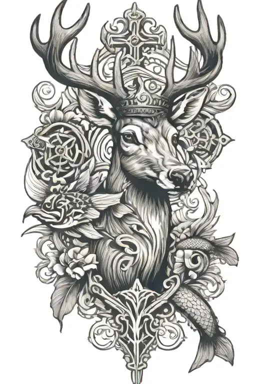 Cross With Deer Head And Fish