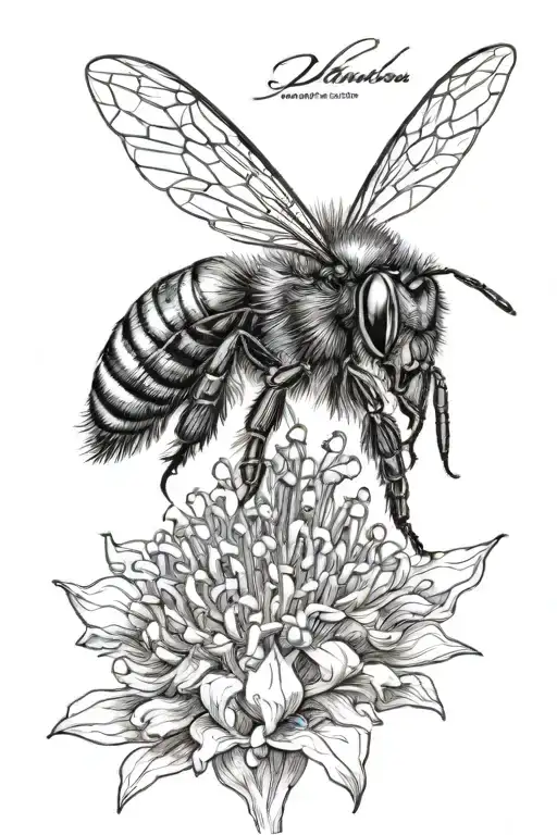 A Black And Grey Realistic Depiction Of A Bee Pollinating A Vibrant Flower