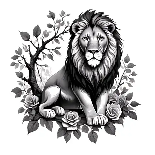 Lion Sitting With Tree Branches And Roses Around Him