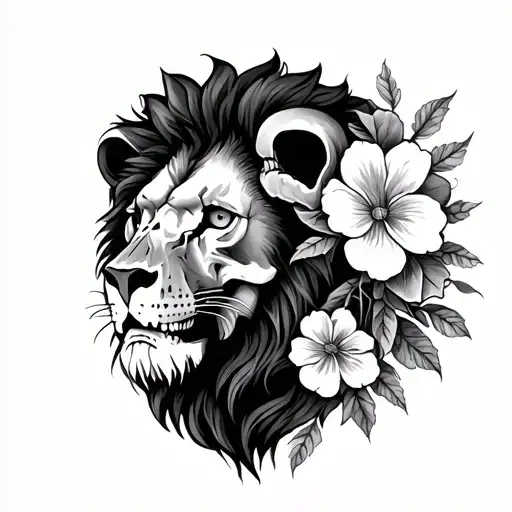 Lion Face With Dead Flowers And Lion Skull With Live Flowers