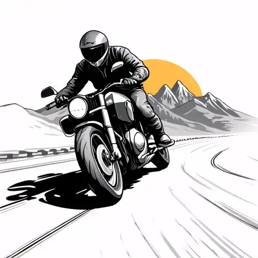 Motorcycle Speeding Along A Road Leading Towards Mountains With A Sunset
