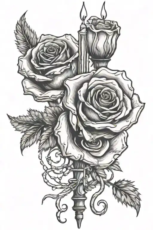 Taper Candle Wax Dripping Rose Intertwined Dead Roses Pine Tree Branch