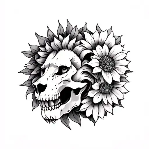 Lion Skull With Sun Flowers Intertwined