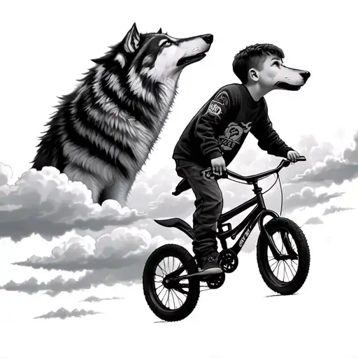 2 Wolfs In The Sky With Clouds Looking Down On Little Boy With A Bmx Next To Him