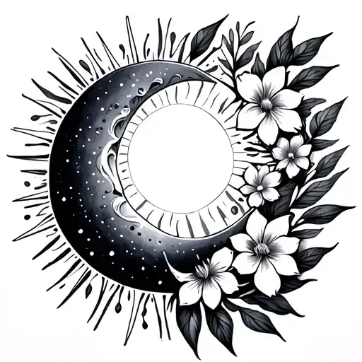 Crescent Moon With Sun Burst And Flowers