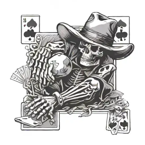 Cowboy Skeleton Sitting Down With Playing Cards Forming
