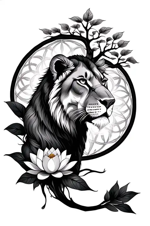 Lioness With Lotus Flower And Tree Of Life