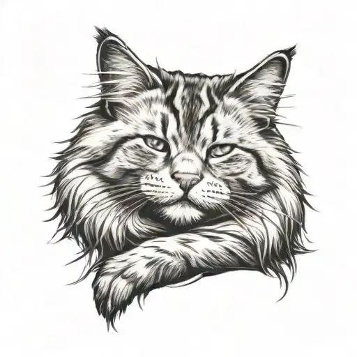 A Drawing Of A Fuzzy Siberian Cat Sleeping On Its Side