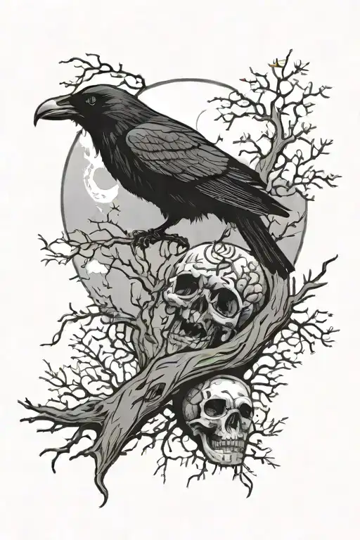 Skull Tree Raven Moon Sun Star Filled Sky
