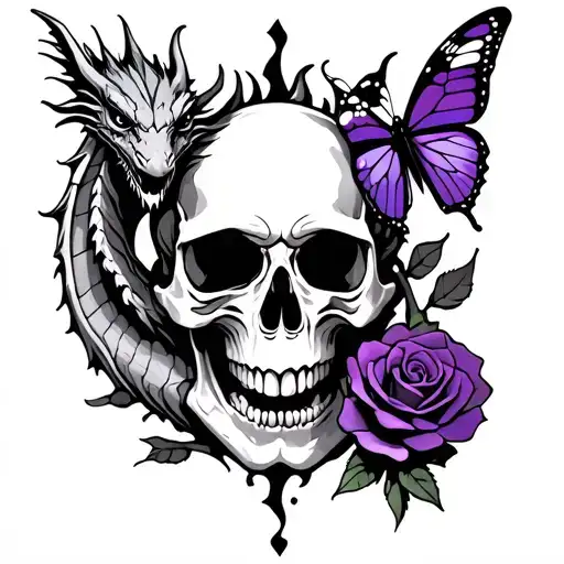 A Skull With A Rose Between Its Teeth With A Dragon On One Side And A Purple Butterfly On The Other