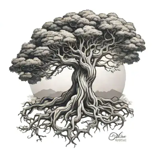 Yggdrasil Tree With Roots And Vegisir On Left And Right