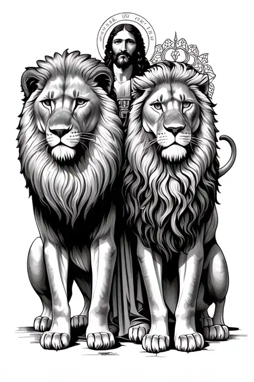 Jesus Standing With Two Lions Mother And Son