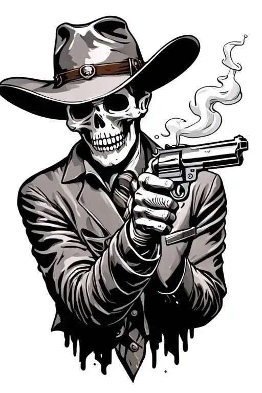 Skeleton Cowboy Gunslinger Holding Revolver Smoking Gun And Smoking Looking Outlaw
