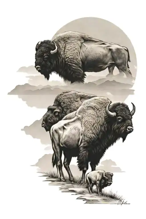 A Family Of Bison Buffalo With Mountains In The Background