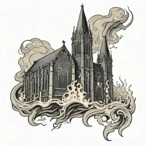 Gothic Church On Fire In Hell Color
