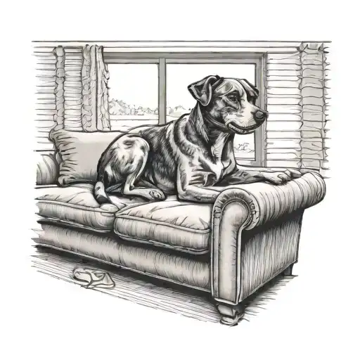 Dog On Top Of Back Of Couch Laying Down Window Behind Fine Line