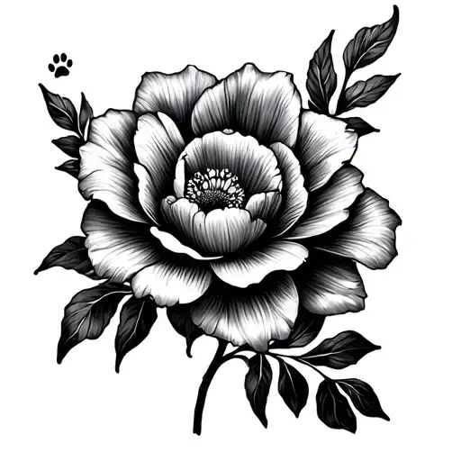 Dainty Lines Realistic Flower Tattoo With Dog Paw Print