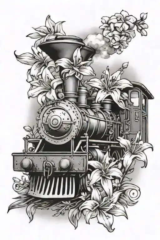 Lily Flower And Pearls And Rosemary Cross And Steam Train