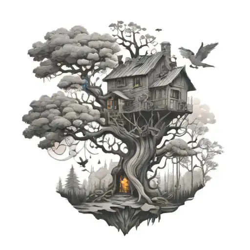 A Treehouse In The Middle Of A Mystical Forest Surrounded By Nature Spirits